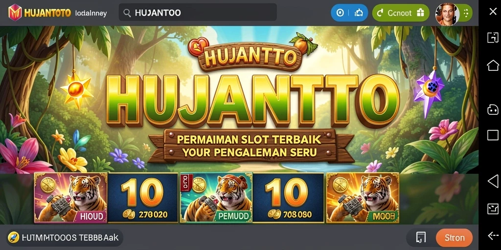 Screenshot gameplay HUJANTOTO menampilkan simbol-simbol menarik dan gulungan yang berputar.