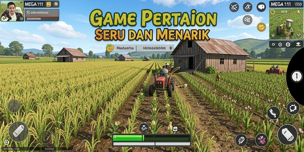Screenshot gameplay MEGA111 yang menampilkan aktivitas bertani yang seru.