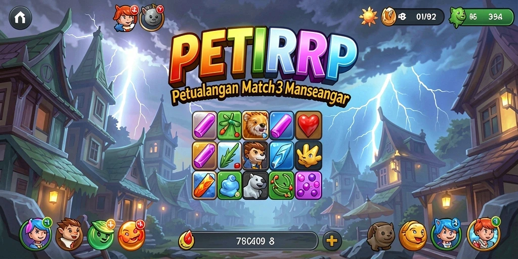 Tangkapan layar PETIRRP menampilkan keseruan gameplay Match-3 yang penuh warna.