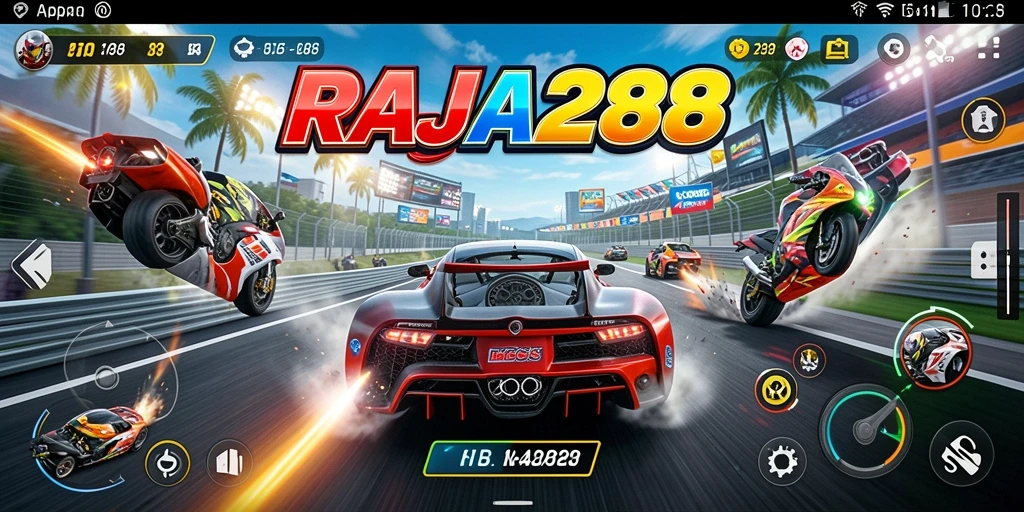 Tampilan gameplay balapan yang mendebarkan di RAJA288.